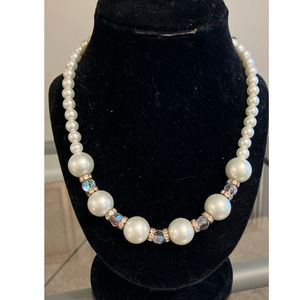 Beaded Graduated Faux Pearl Crystal and Rhinestone Necklace